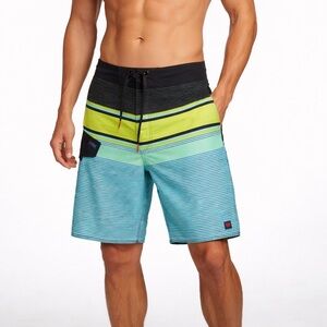 COVA Striped Board Shorts Neon Lime Aqua Surf Swim Trunks Size 36 NWT